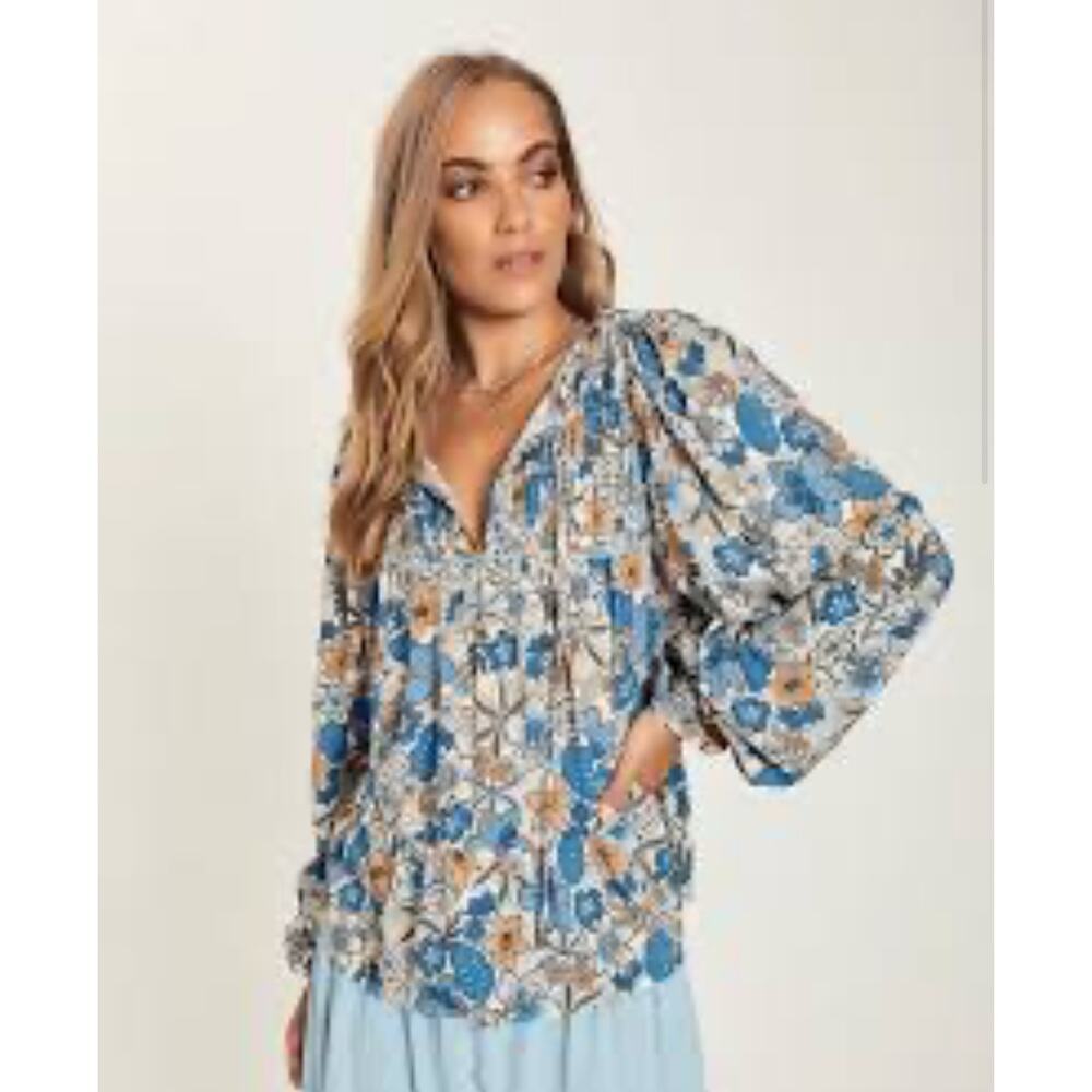Harni the Label  Blue Floral Peasant Blouse Top Oversized XS